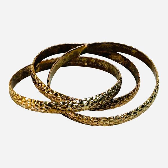 Vintage Hammered Brass Triple Bangle Bracelet - Picture 4 of 5